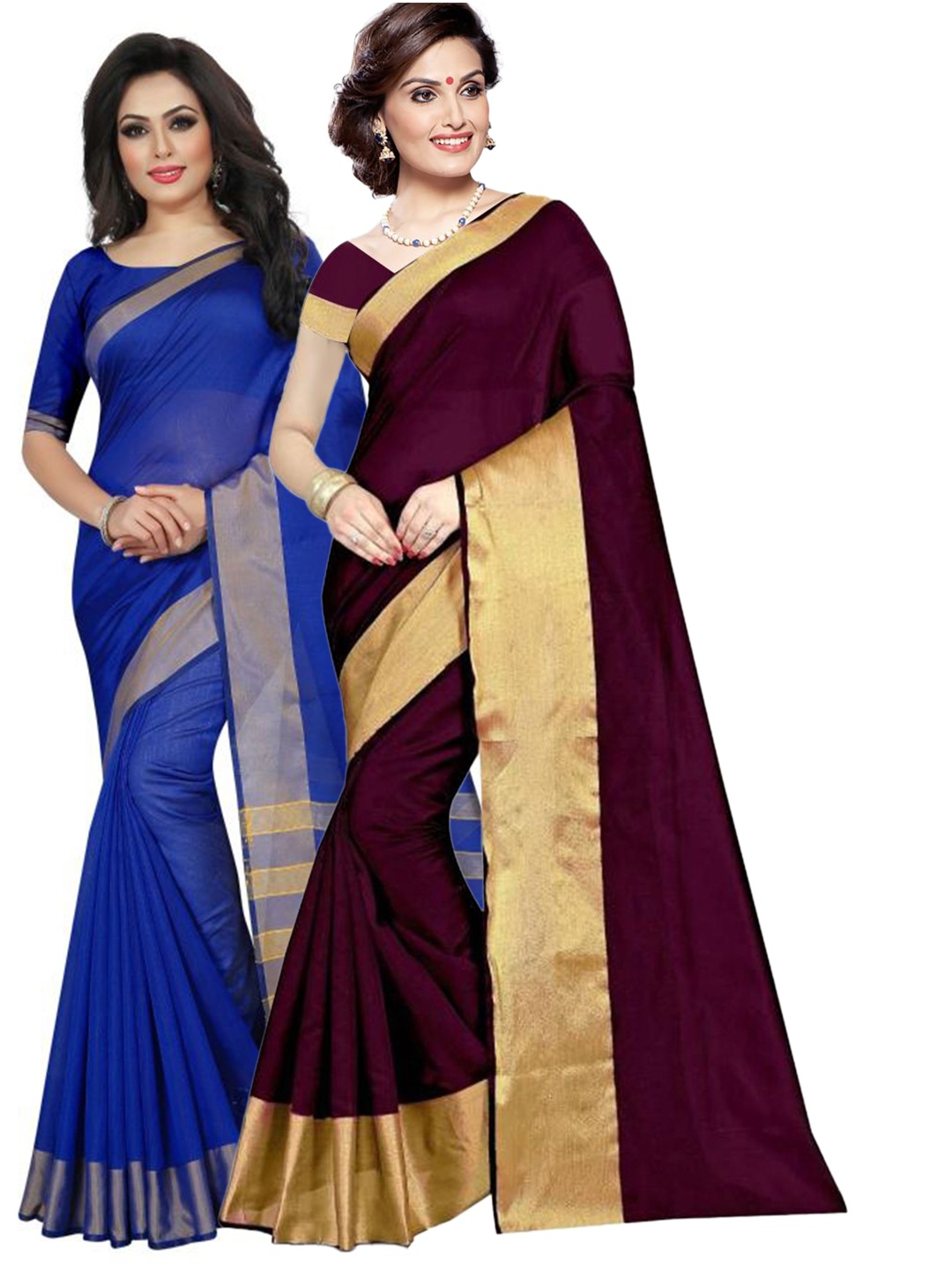 

SAADHVI Pack of 2 Burgundy & Blue Silk Cotton Sarees