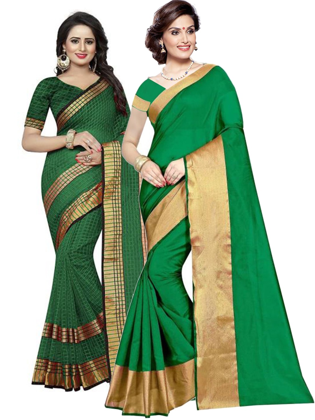 

SAADHVI Green & Gold-Toned Set Of 2 Checked Zari Silk Cotton Saree