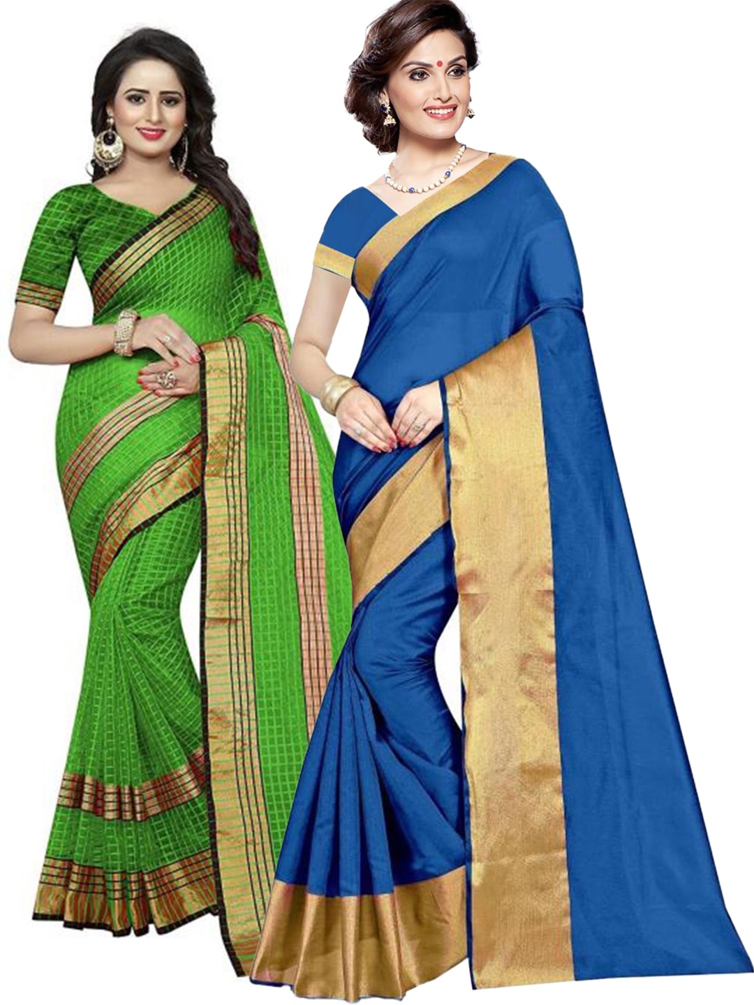 

SAADHVI Pack Of 2 Blue & Green Striped Silk Cotton Saree