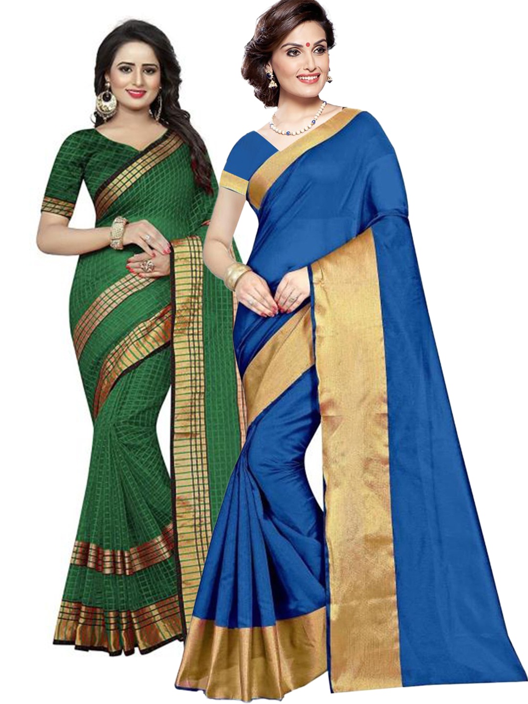 

SAADHVI Pack of 2 Blue & Green Striped Zari Silk Cotton Sarees