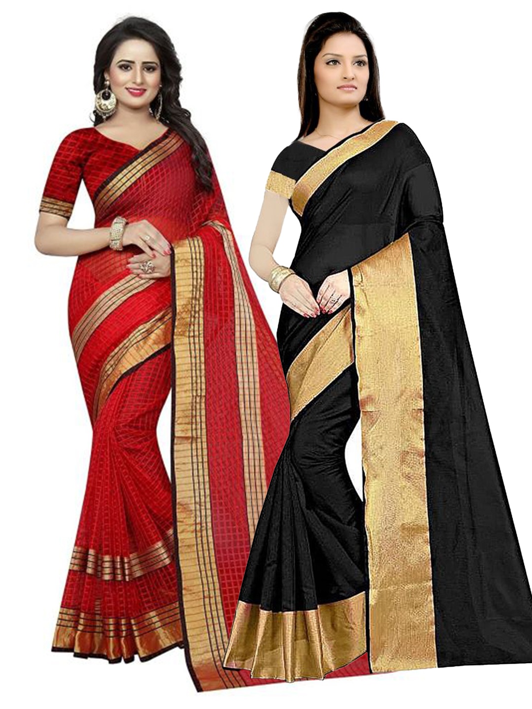 

SAADHVI Set Of 2 Black & Red Zari Silk Cotton Saree
