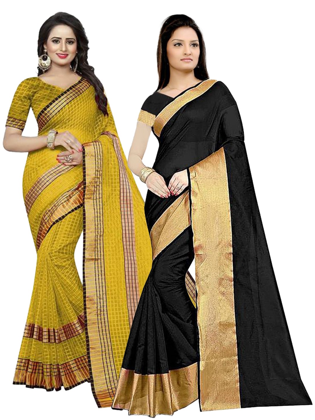 

SAADHVI Pack of 2 Black & Yellow Zari Silk Cotton Sarees