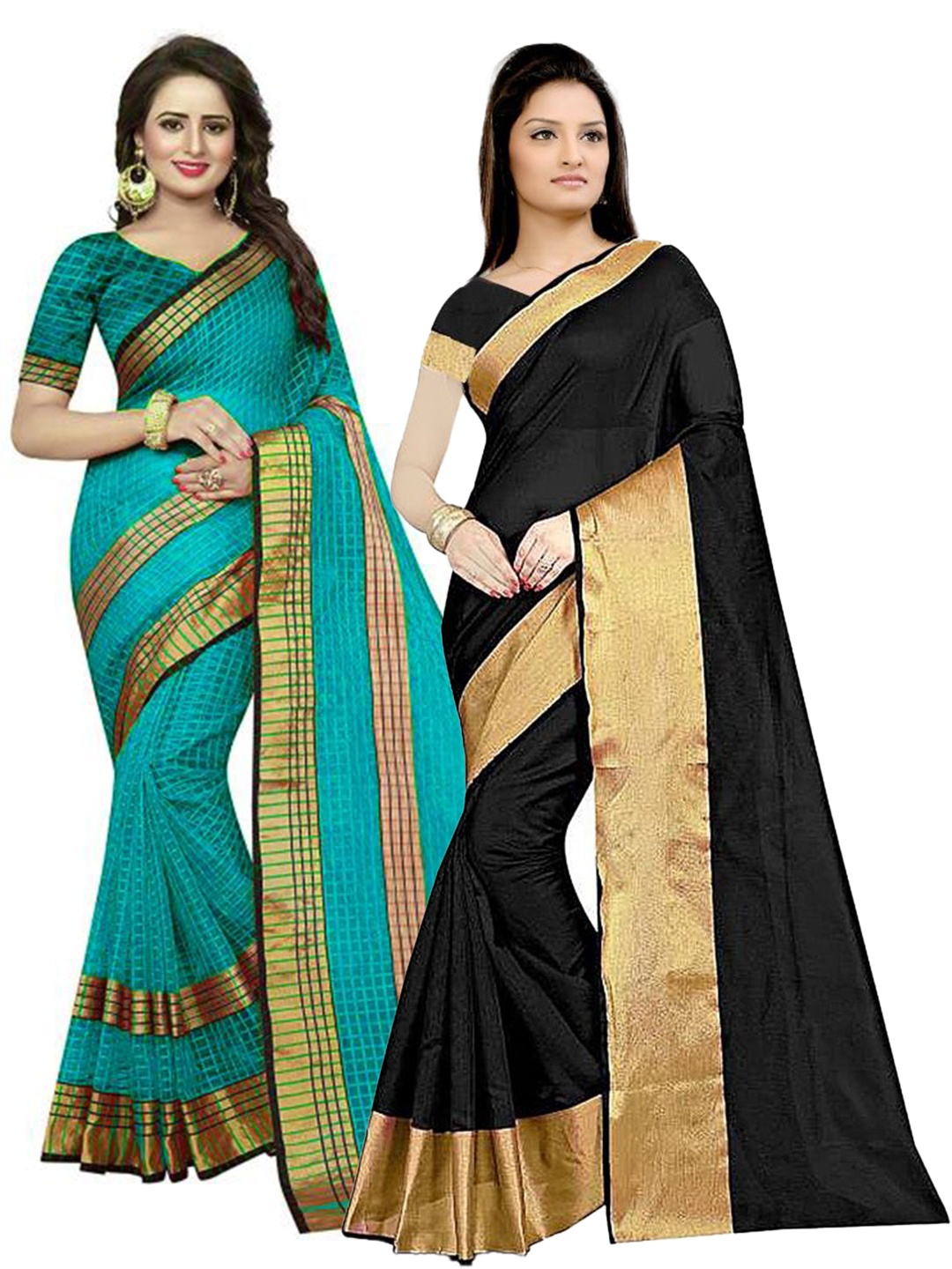 

SAADHVI Pack of 2 Black & Teal Checked Silk Cotton Saree