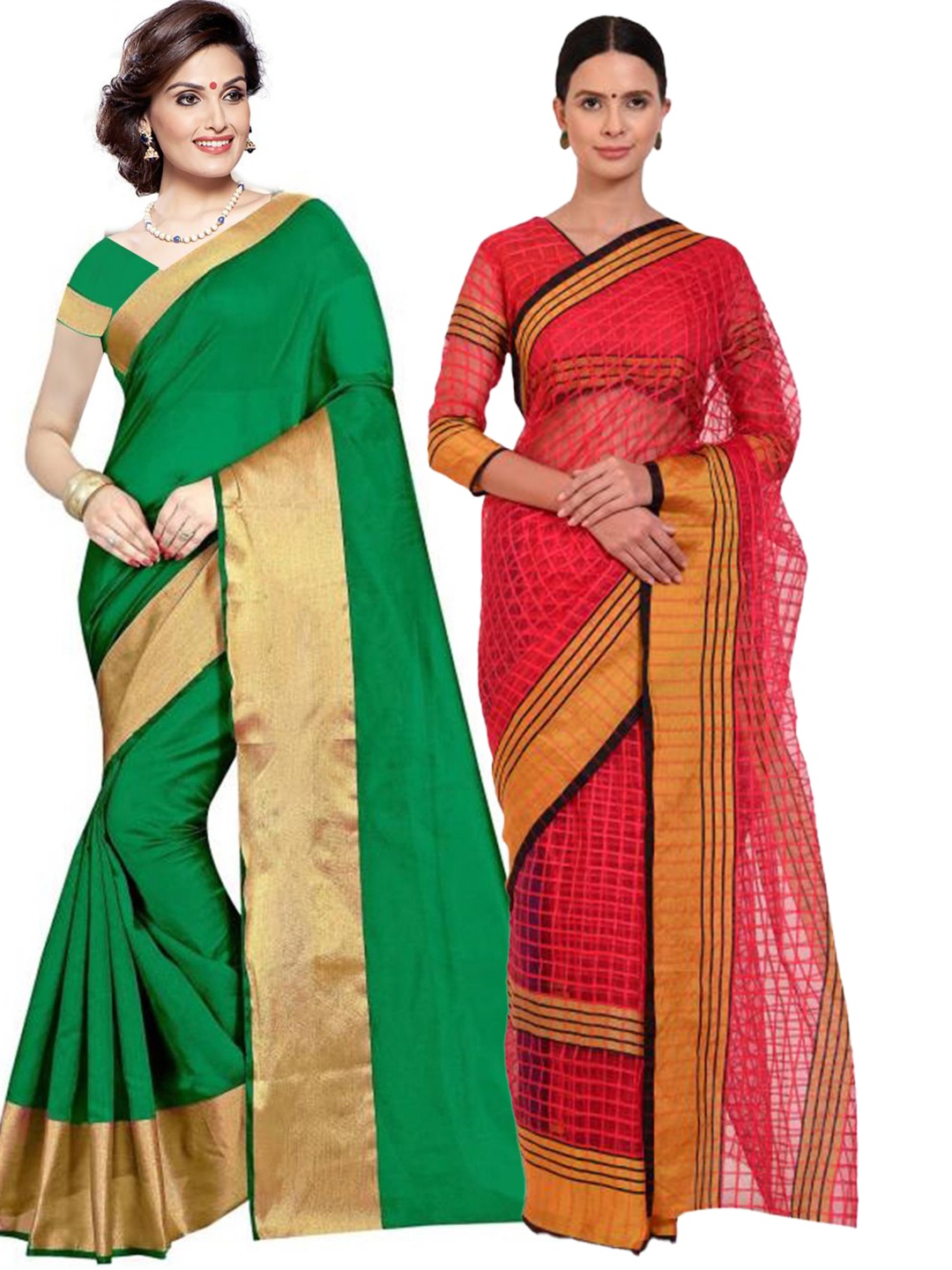 

SAADHVI Pack of 2 Green & Pink Silk Cotton Sarees