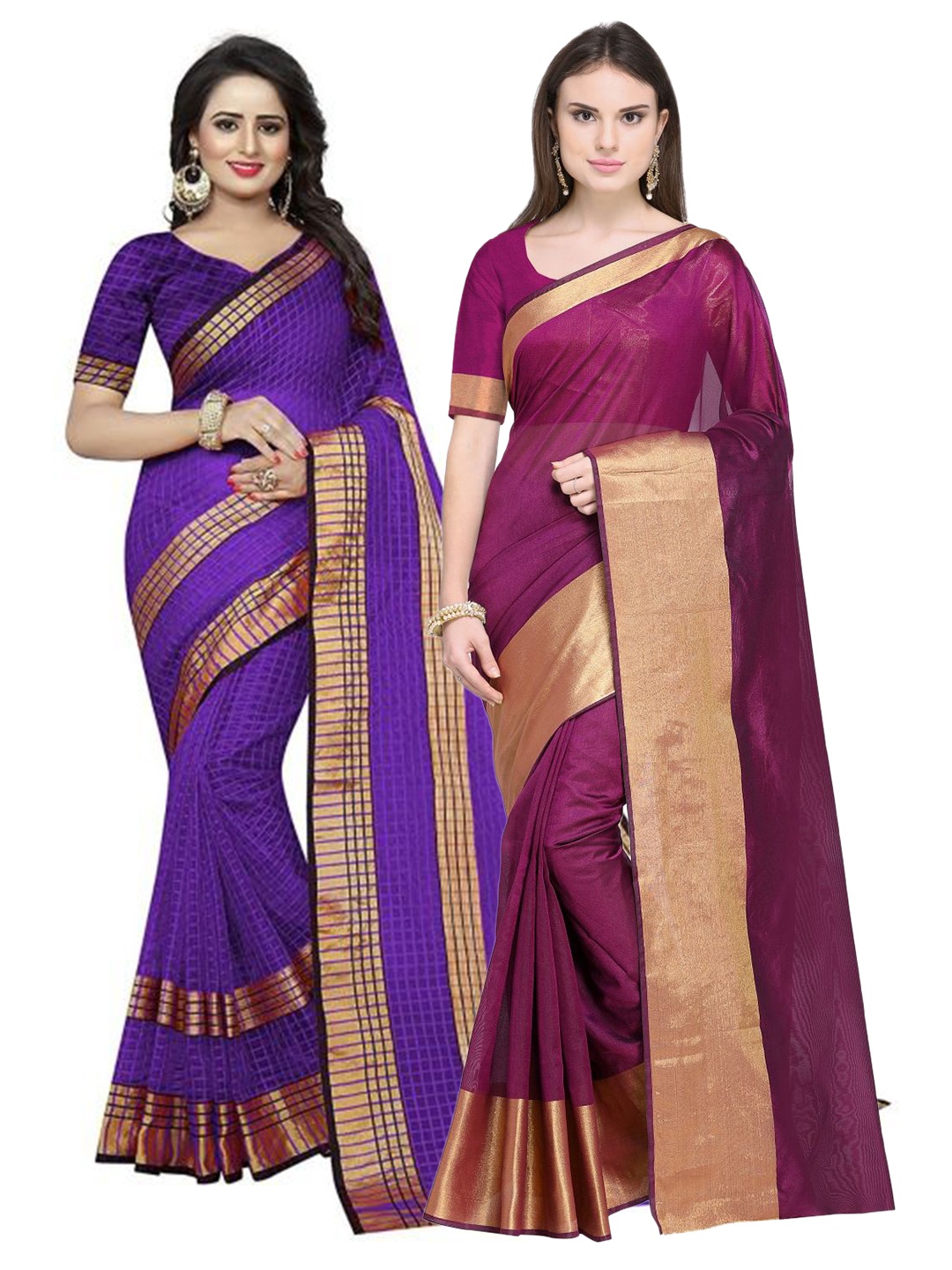 

SAADHVI Pack Of 2 Maroon & Violet Checked Silk Cotton Saree