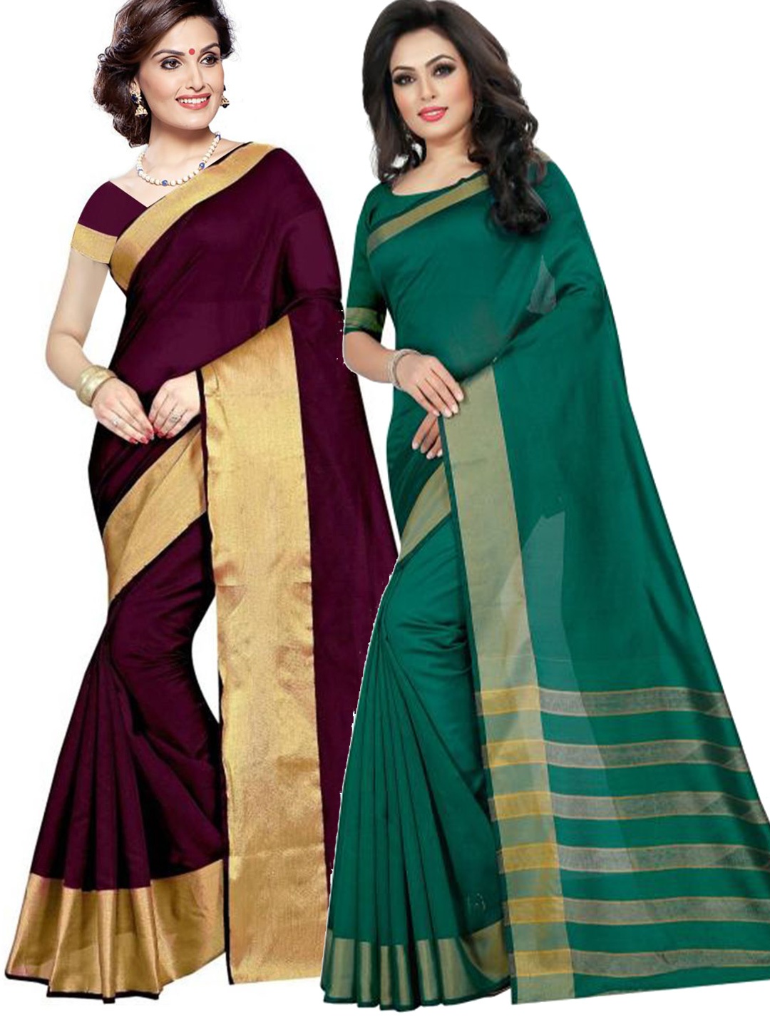 

SAADHVI Burgundy & Teal Silk Cotton Saree Pack Of 2