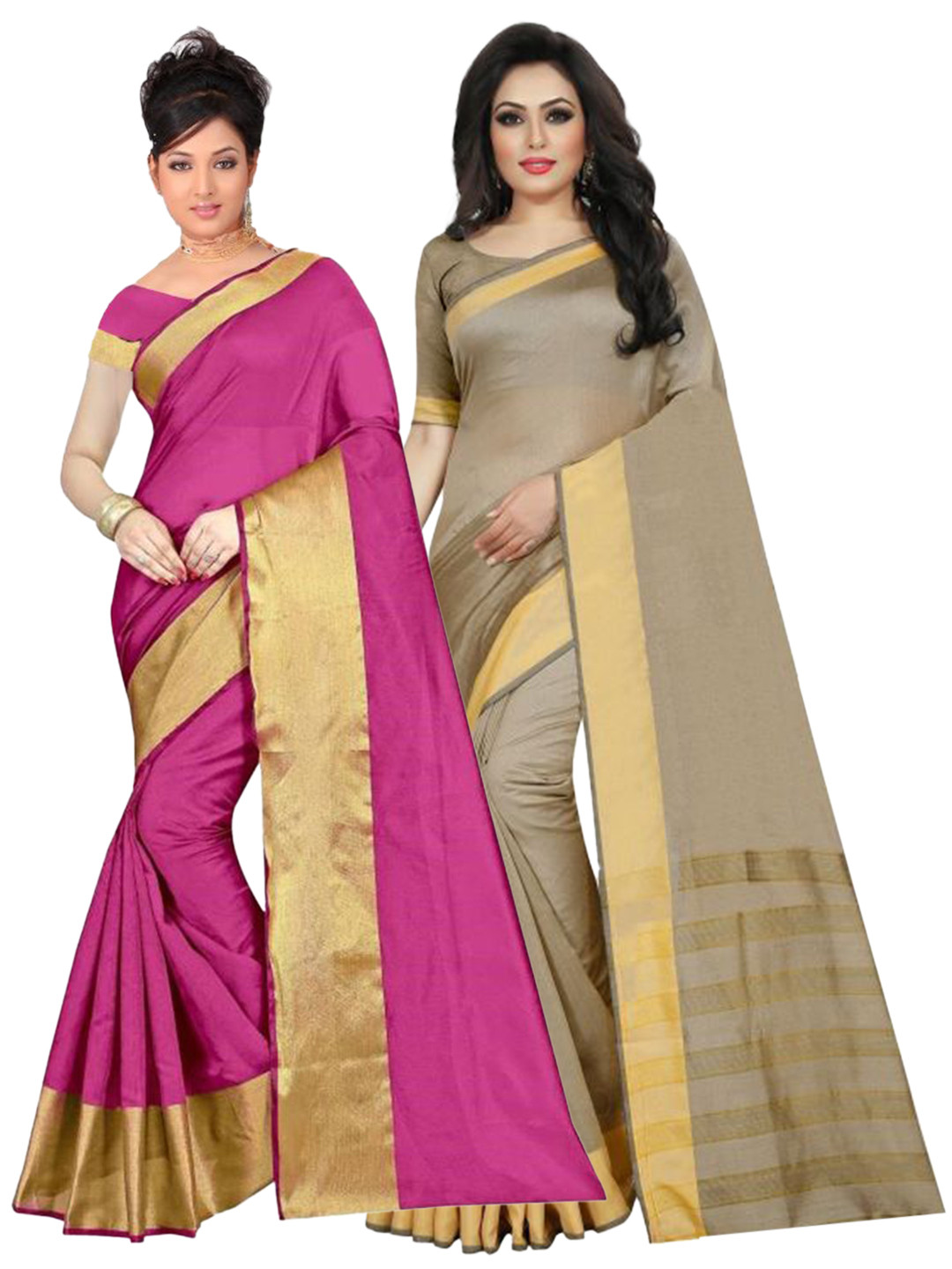 

SAADHVI Set Of 2 Pink & Beige Zari Silk Cotton Saree