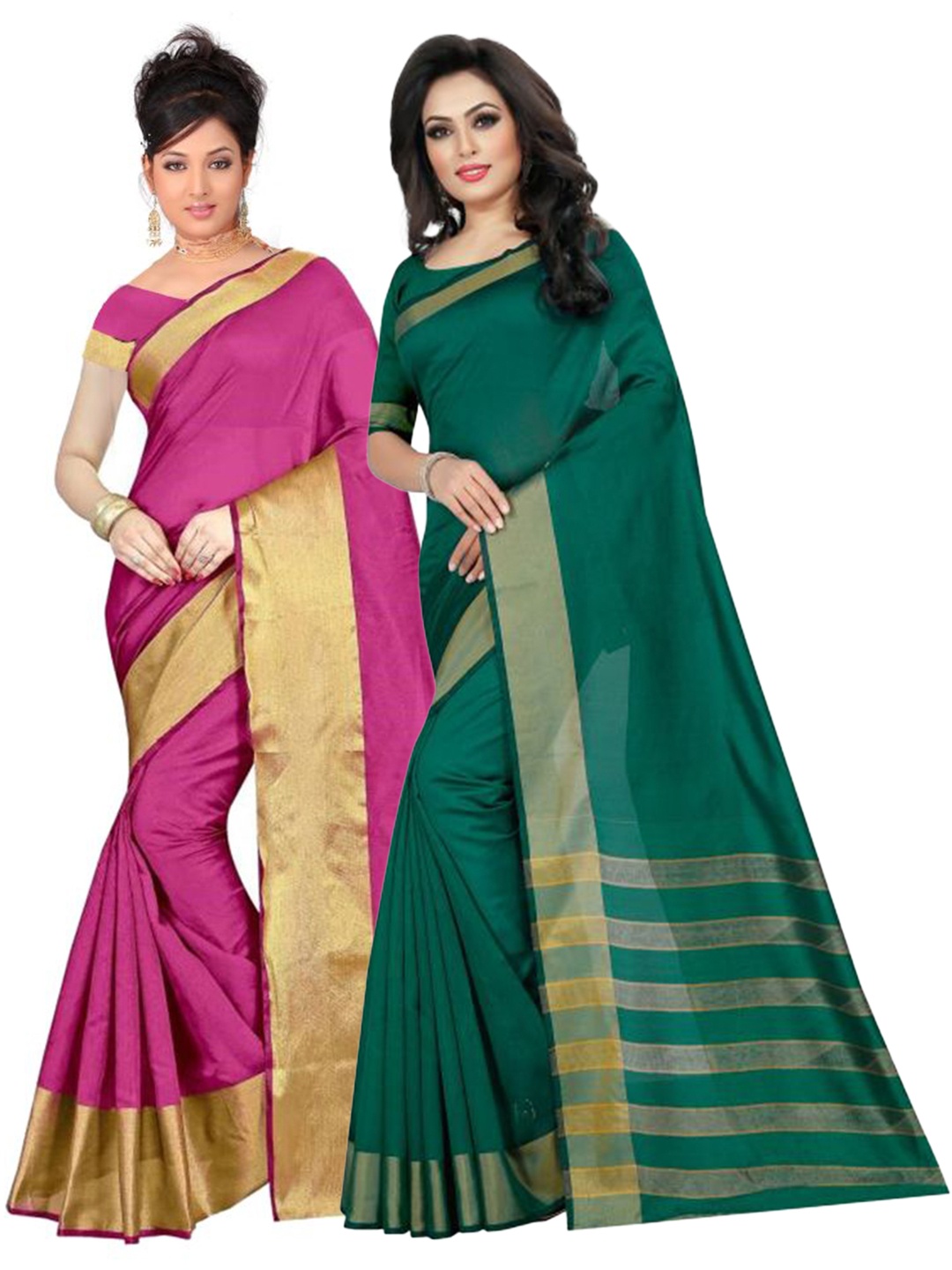 

SAADHVI Pack of 2 Magenta & Green Zari Silk Cotton Sarees