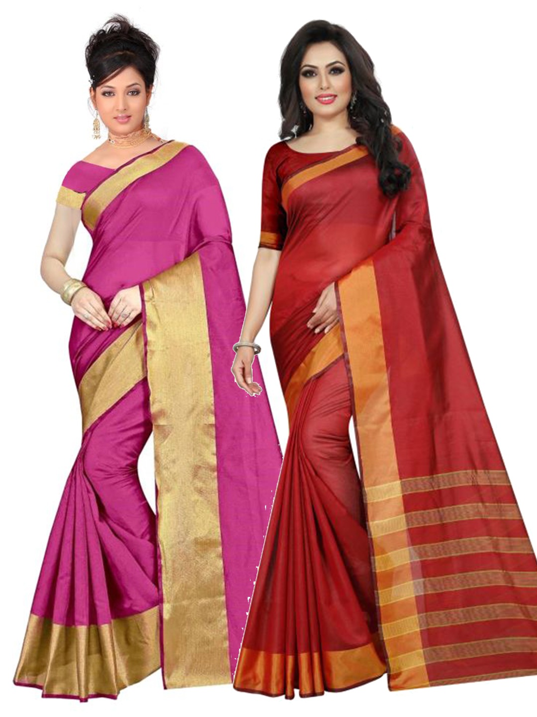 

SAADHVI Pack of 2 Pink & Maroon Silk Cotton Sarees