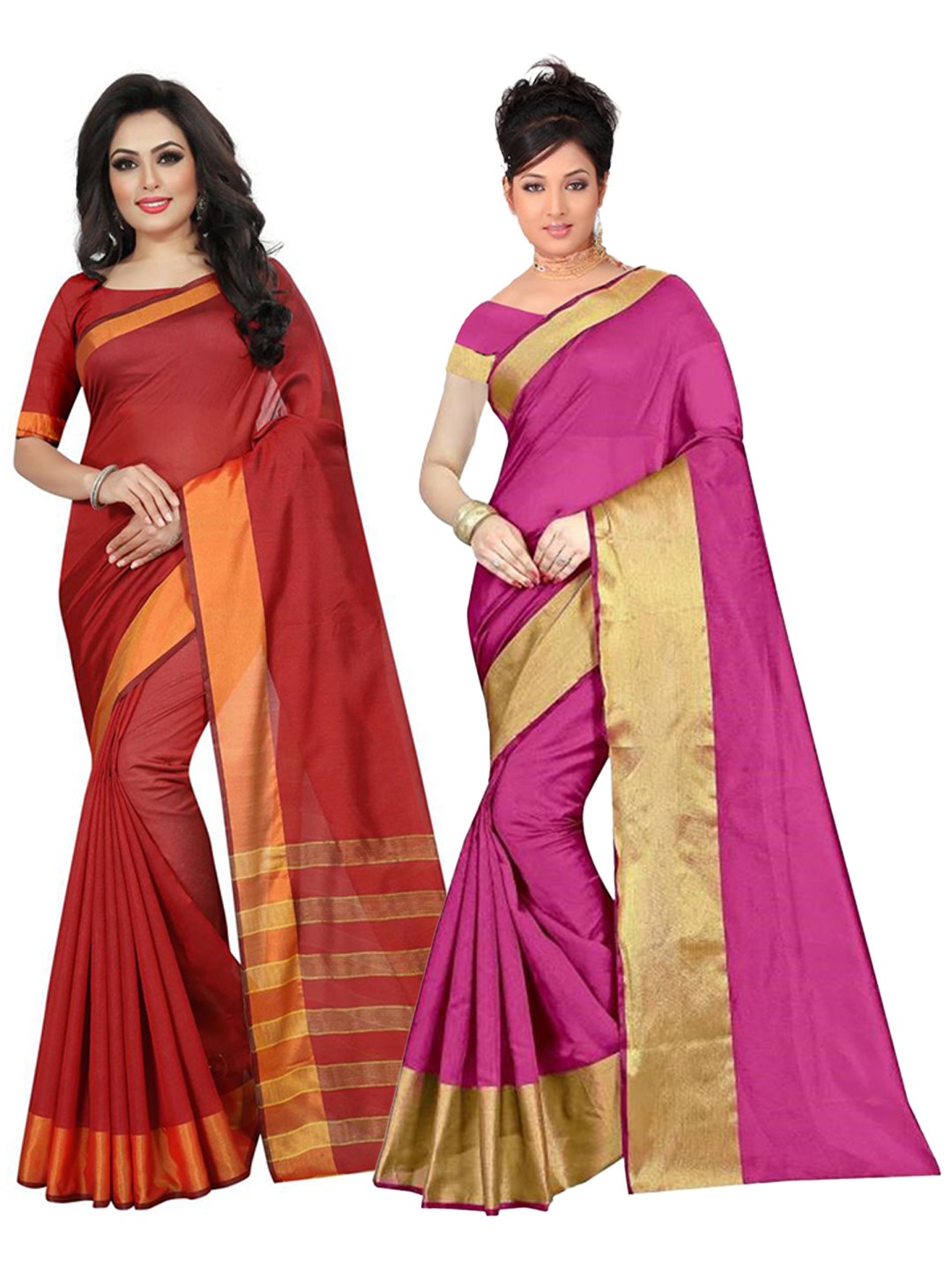 

SAADHVI Magenta & Red Set of 2 Solid Silk Cotton Saree