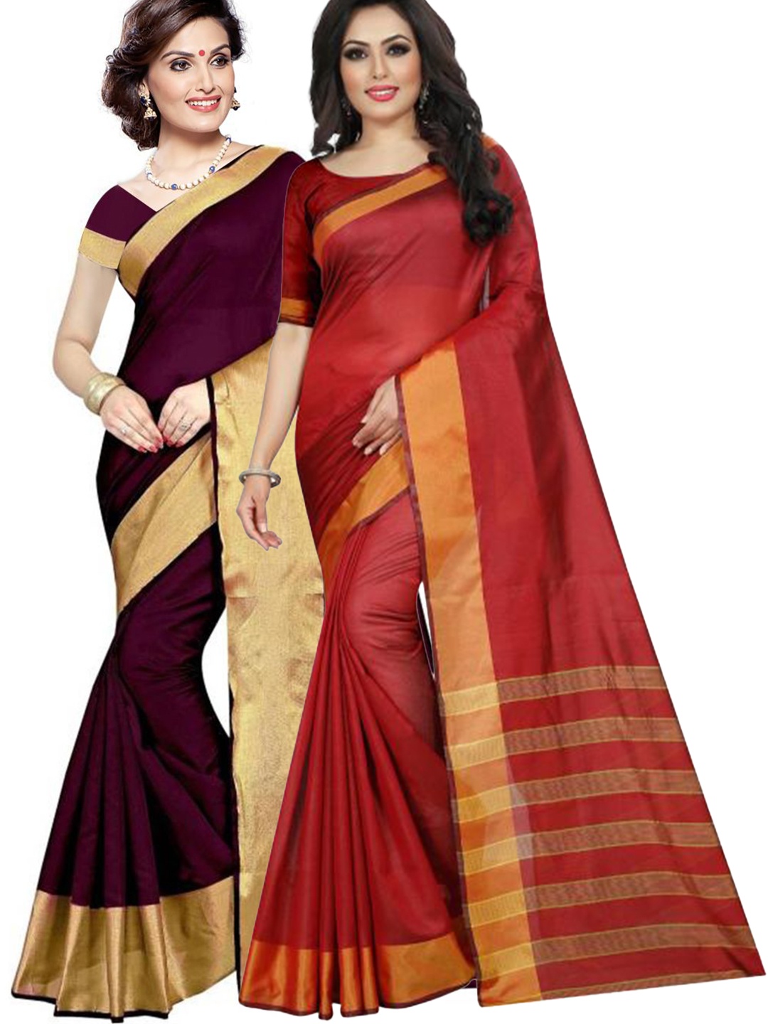 

SAADHVI Pack of 2 Burgundy & Maroon Striped Zari Silk Cotton Sarees