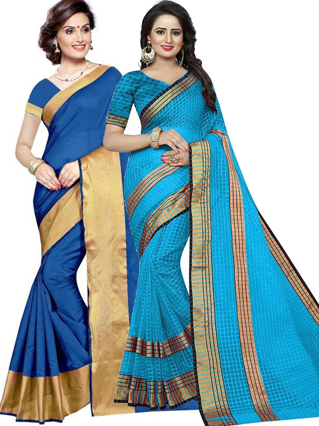 

SAADHVI Pack Of 2 Blue & Gold-Toned Checked Silk Cotton Saree