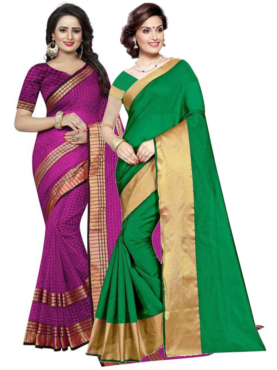 

SAADHVI Set Of 2 Green & Magenta Zari Silk Cotton Saree