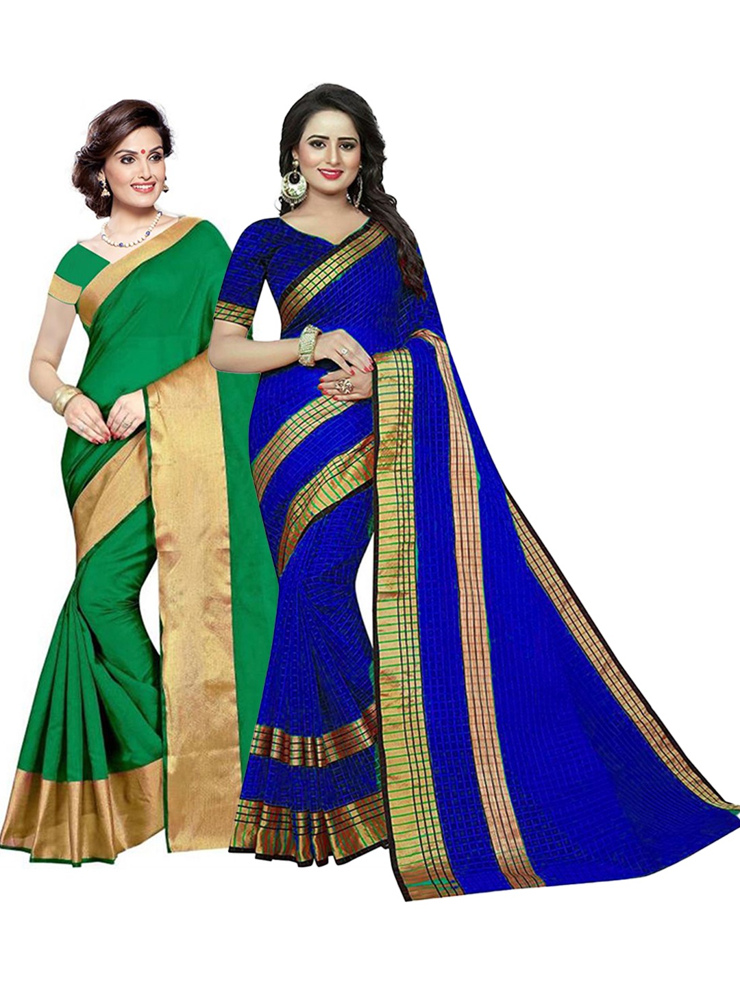 

SAADHVI Green & Blue Set Of 2 Checked Zari Silk Cotton Saree