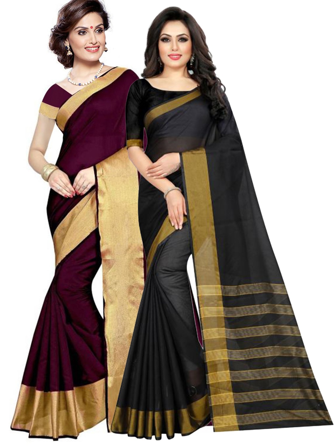 

SAADHVI Burgundy & Black Set of 2 Solid Zari Silk Cotton Saree