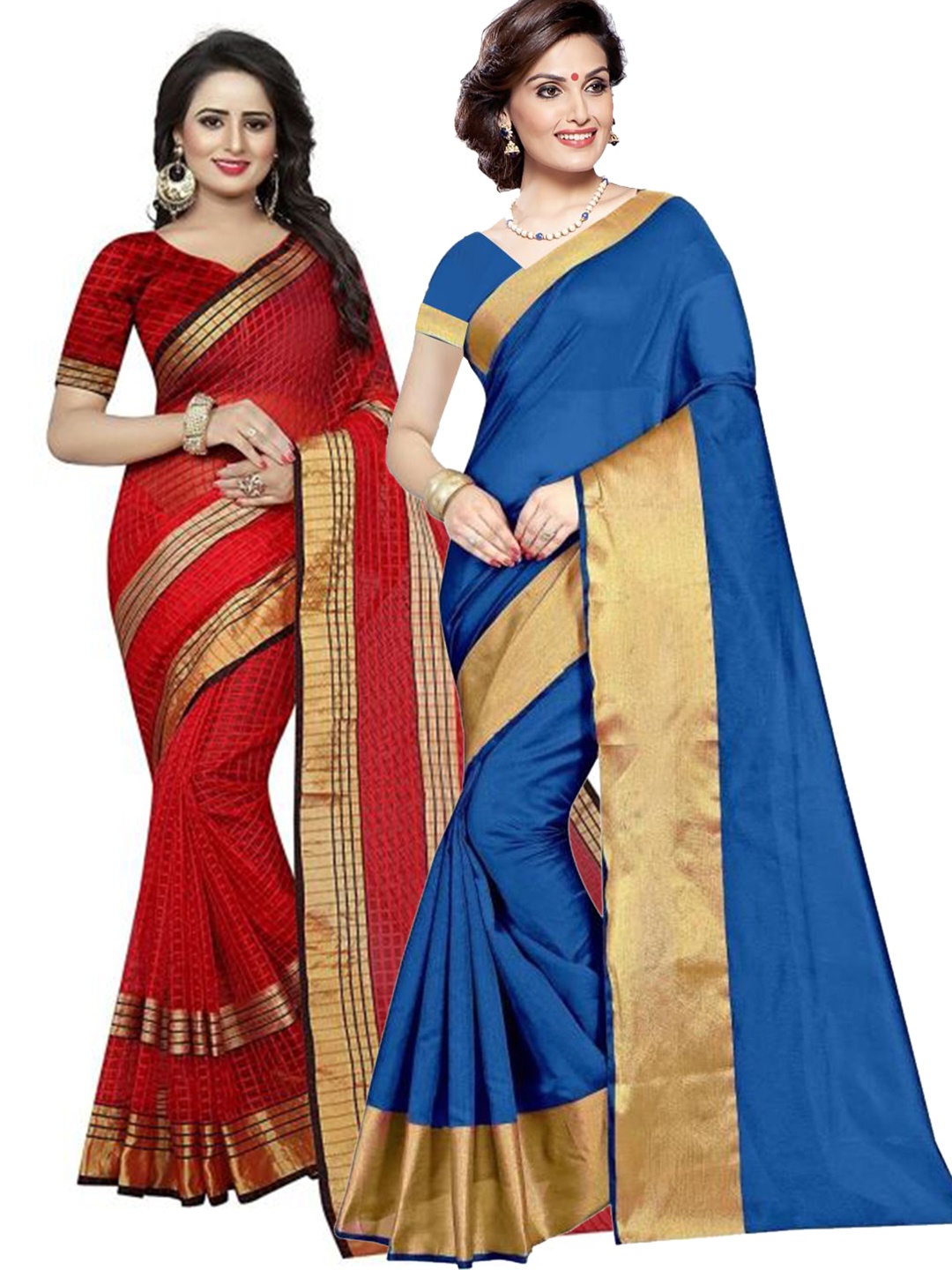 

SAADHVI Pack of 2 Blue & Red Striped Zari Silk Cotton Sarees