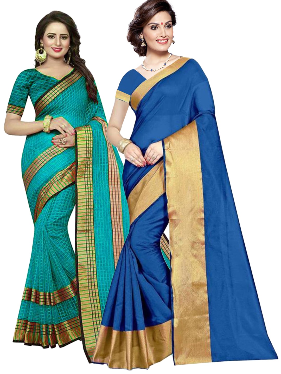 

SAADHVI Blue & Teal Checked Silk Cotton Saree Pack Of 2