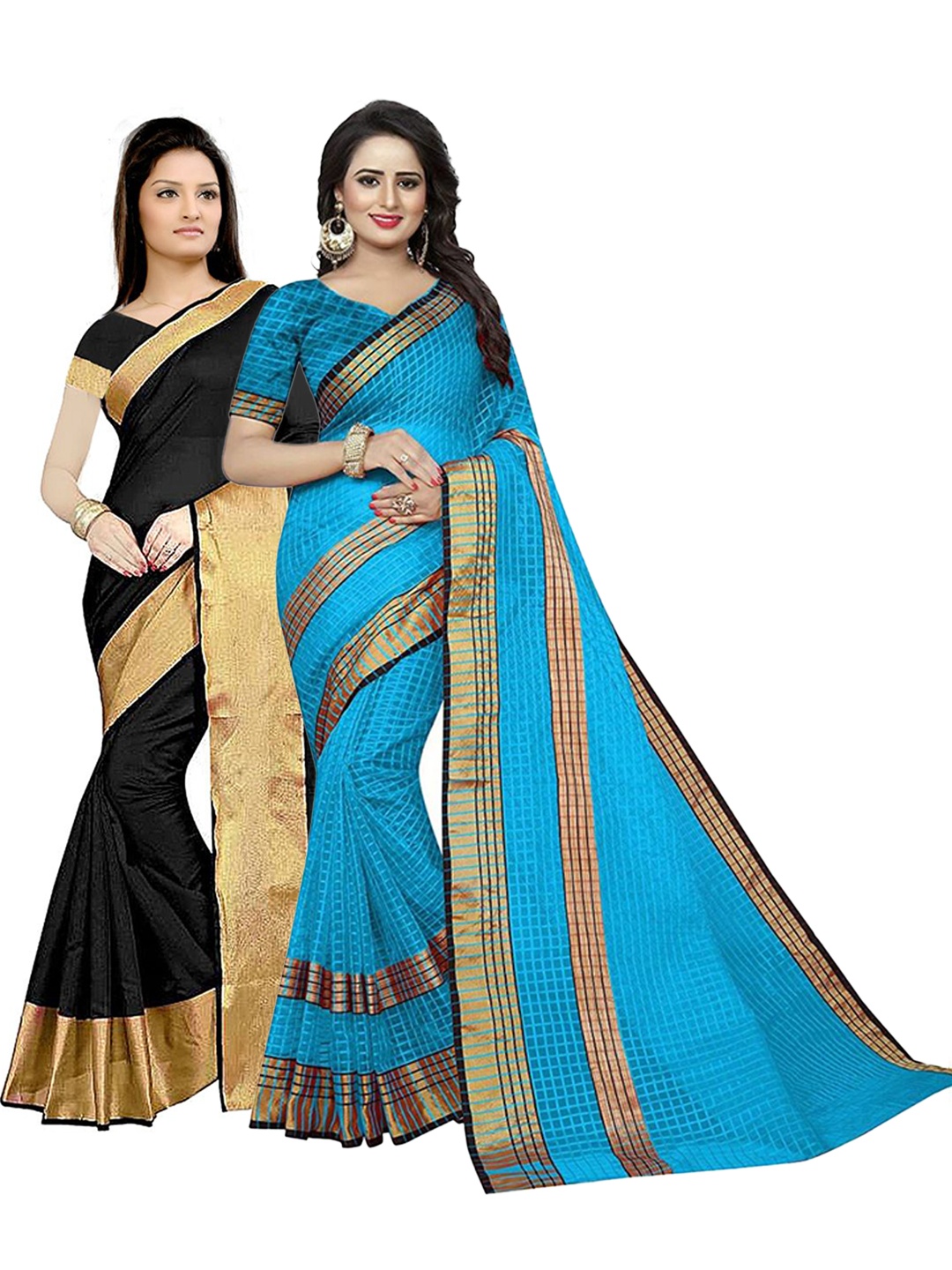 

SAADHVI Pack of 2 Black & Blue Checked Silk Cotton Saree