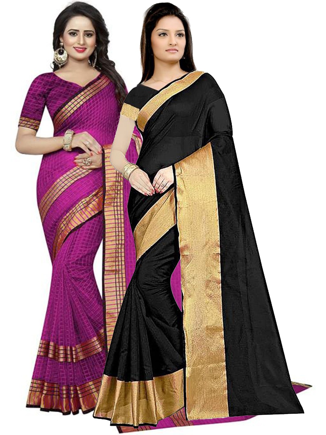 

SAADHVI Black & Magenta Set Of 2 Checked Silk Cotton Saree