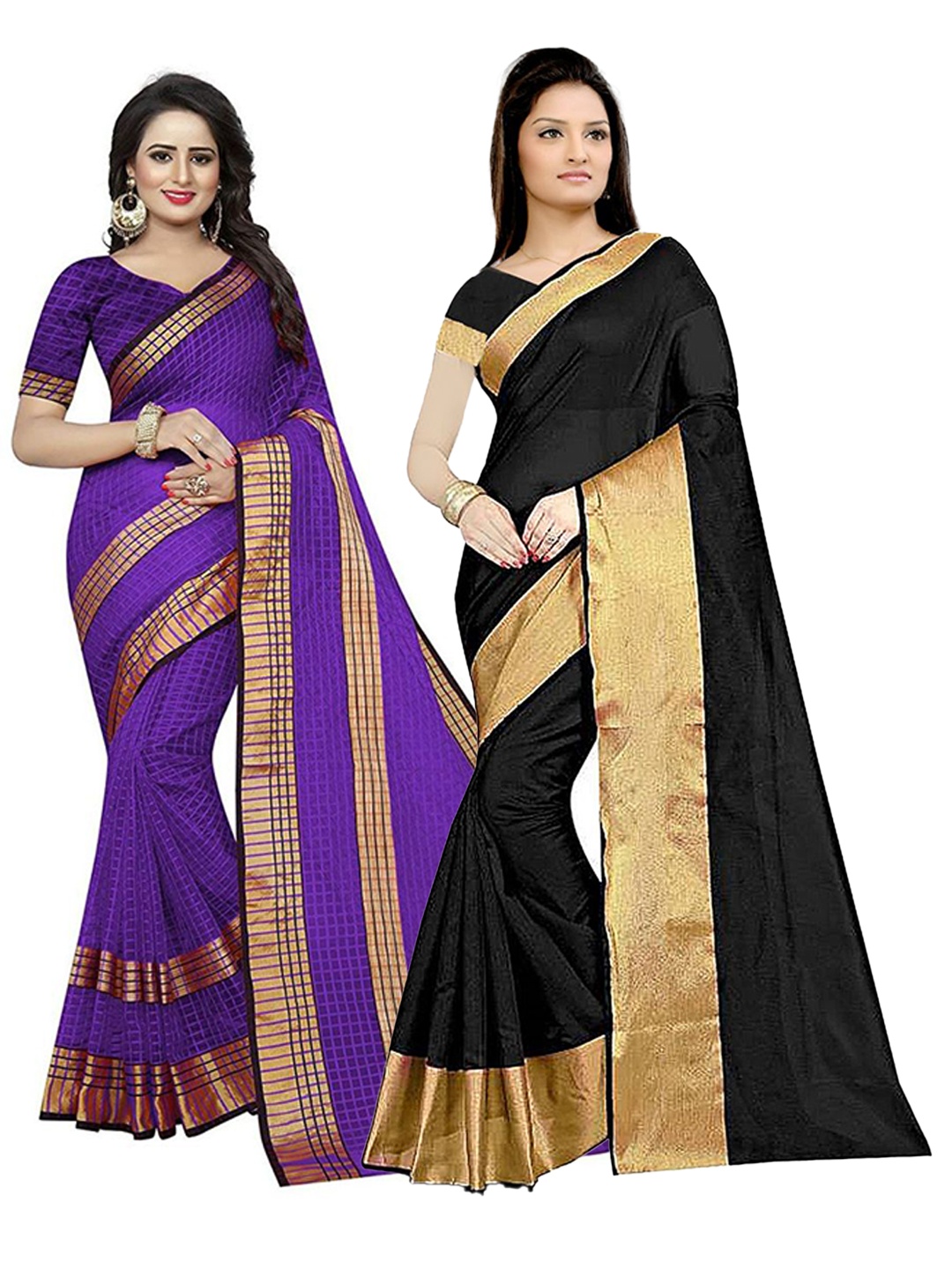 

SAADHVI Pack of 2 Black & Violet Checked Zari Silk Cotton Sarees