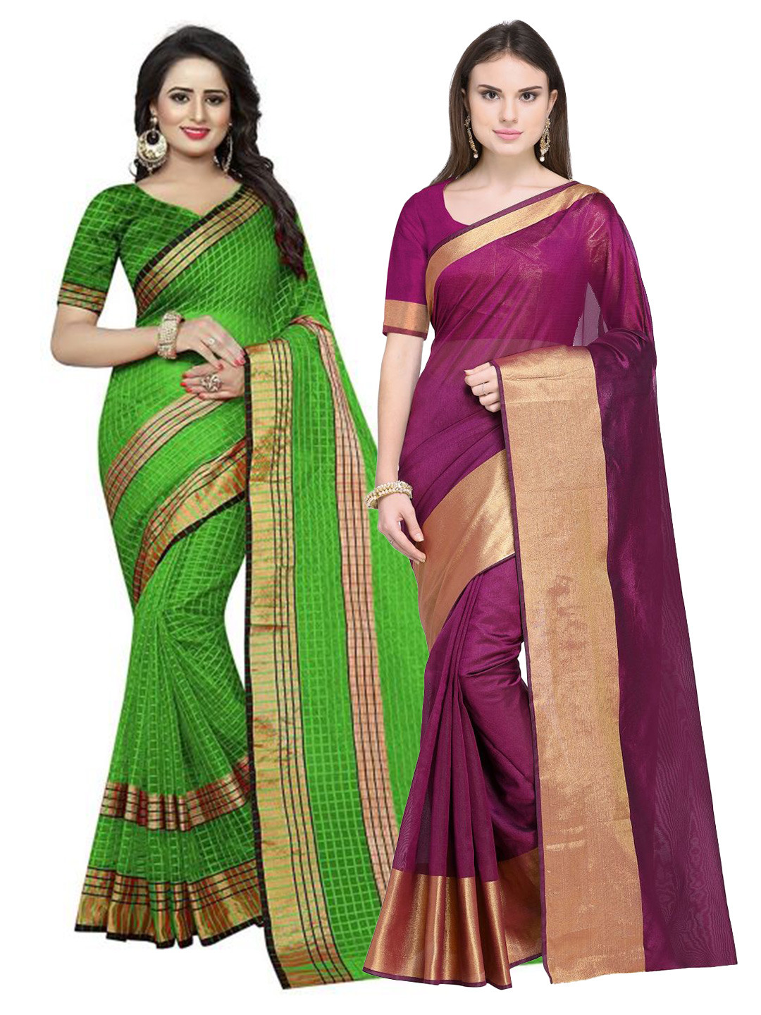 

SAADHVI Maroon & Olive Green Set of 2 Checked Silk Cotton Saree