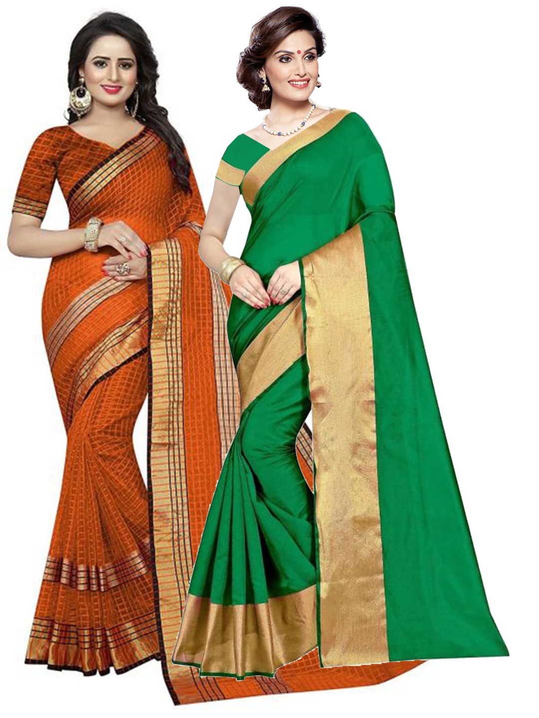

SAADHVI Pack of 2 Green & Orange Striped Zari Silk Cotton Sarees