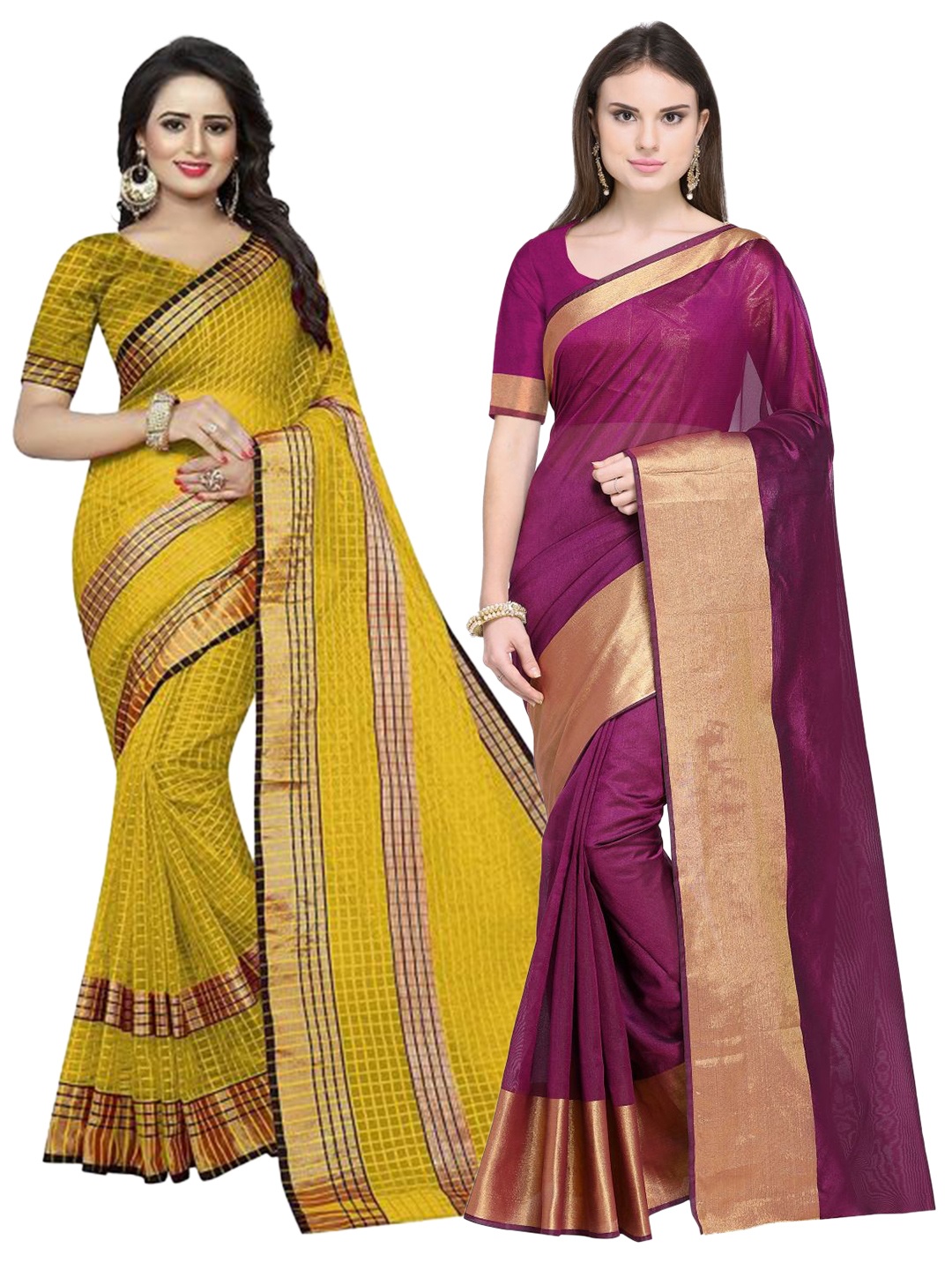 

SAADHVI Maroon & Yellow Checked Silk Cotton Saree Pack Of 2