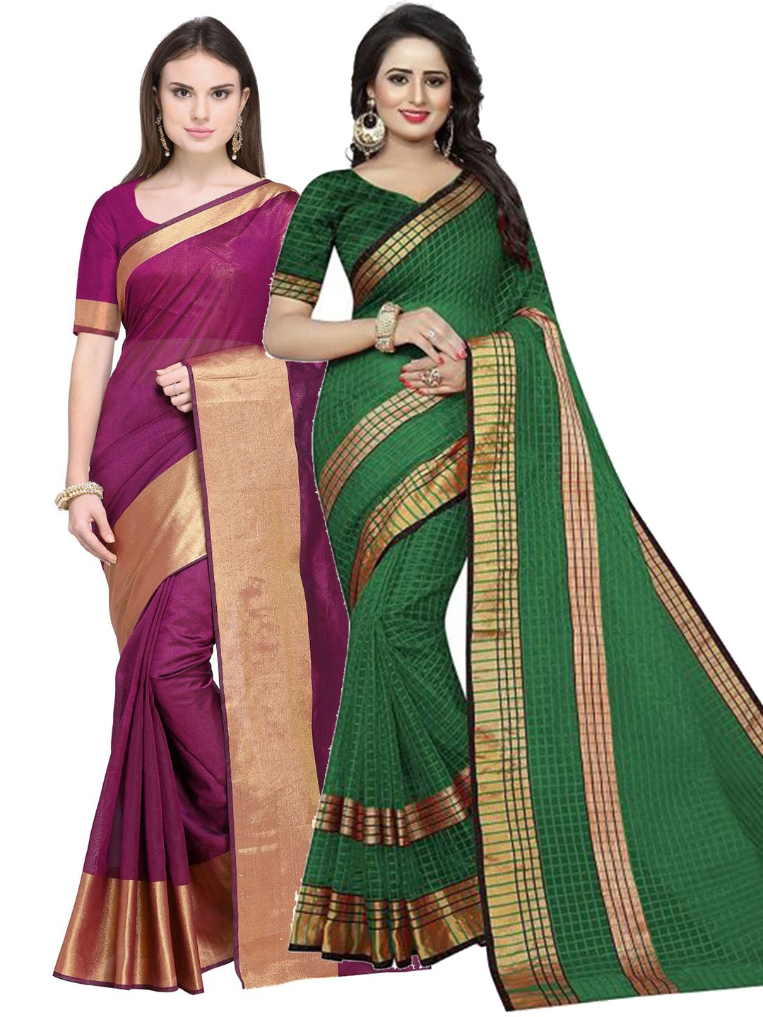 

SAADHVI Pack Of 2 Maroon & Green Checked Zari Silk Cotton Saree