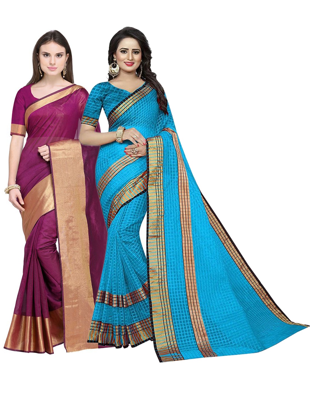 

SAADHVI Pack of 2 Maroon & Blue Checked Silk Cotton Saree