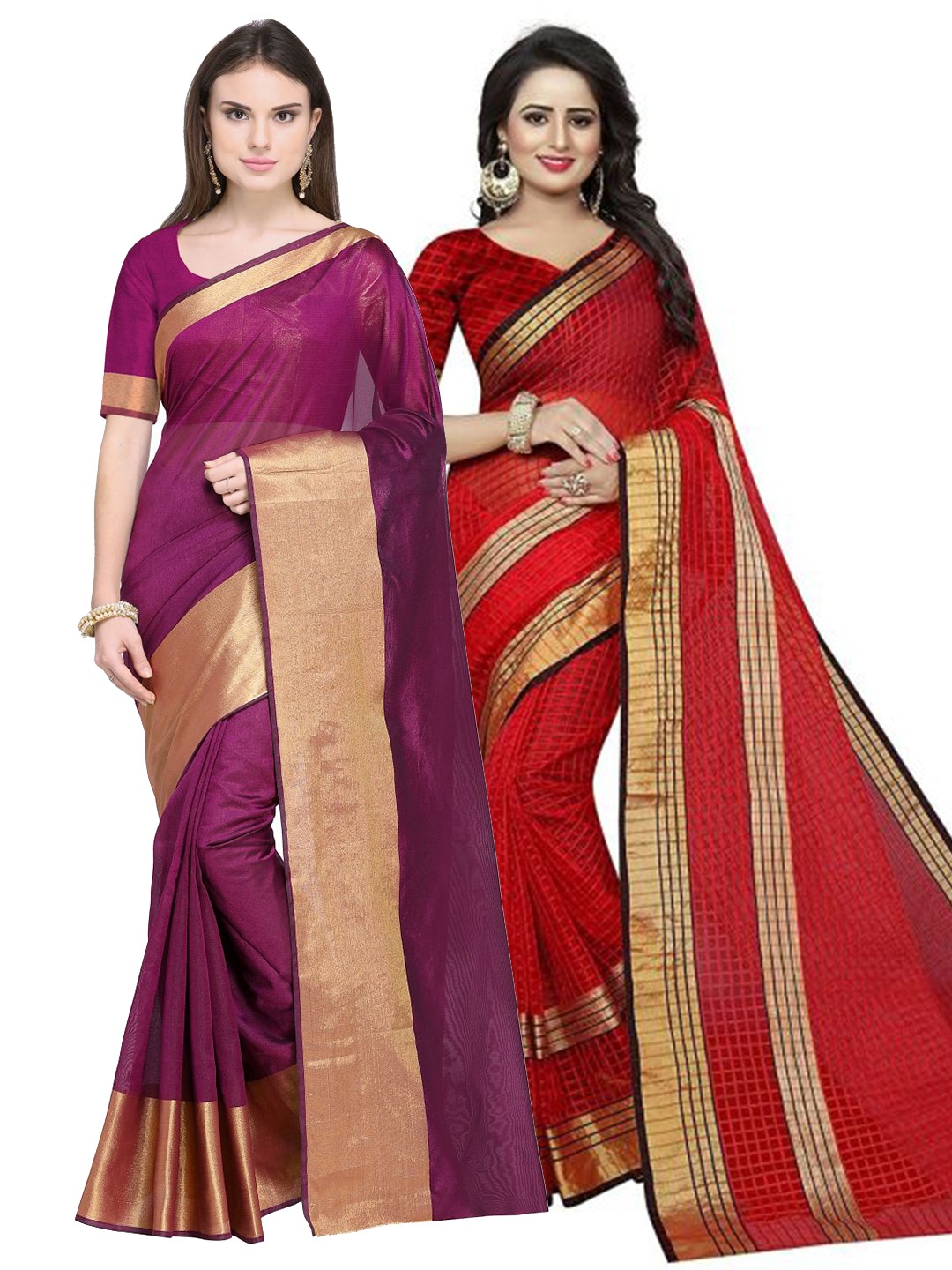 

SAADHVI Set Of 2 Maroon & Red Zari Silk Cotton Saree