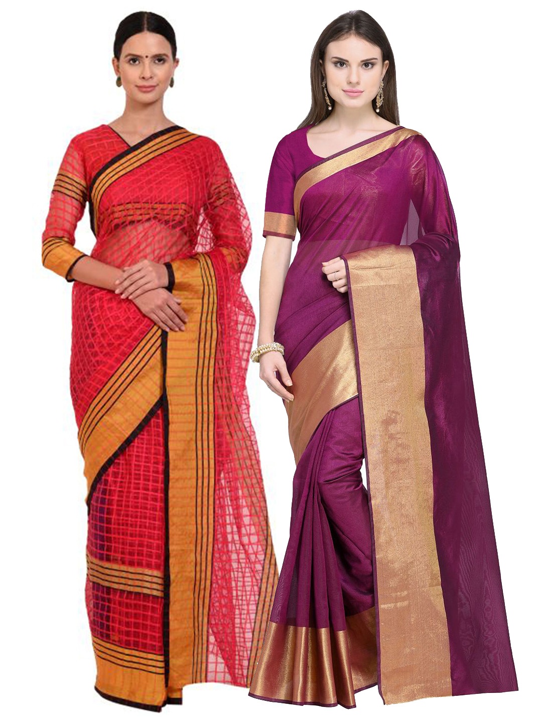 

SAADHVI Pack of 2 Burgundy & Fuchsia Zari Silk Cotton Sarees