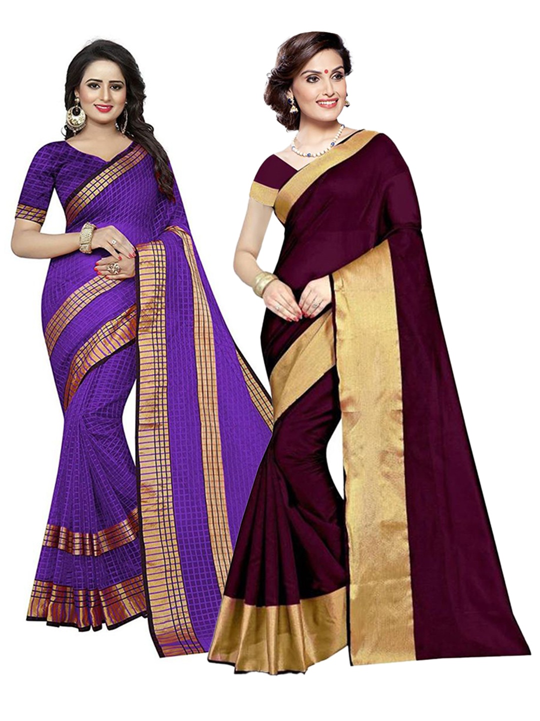 

SAADHVI Burgundy & Violet Set Of 2 Checked Zari Silk Cotton Saree