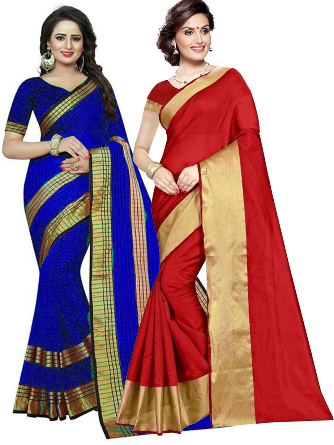 

SAADHVI Red & Blue Set of 2 Checked Silk Cotton Saree