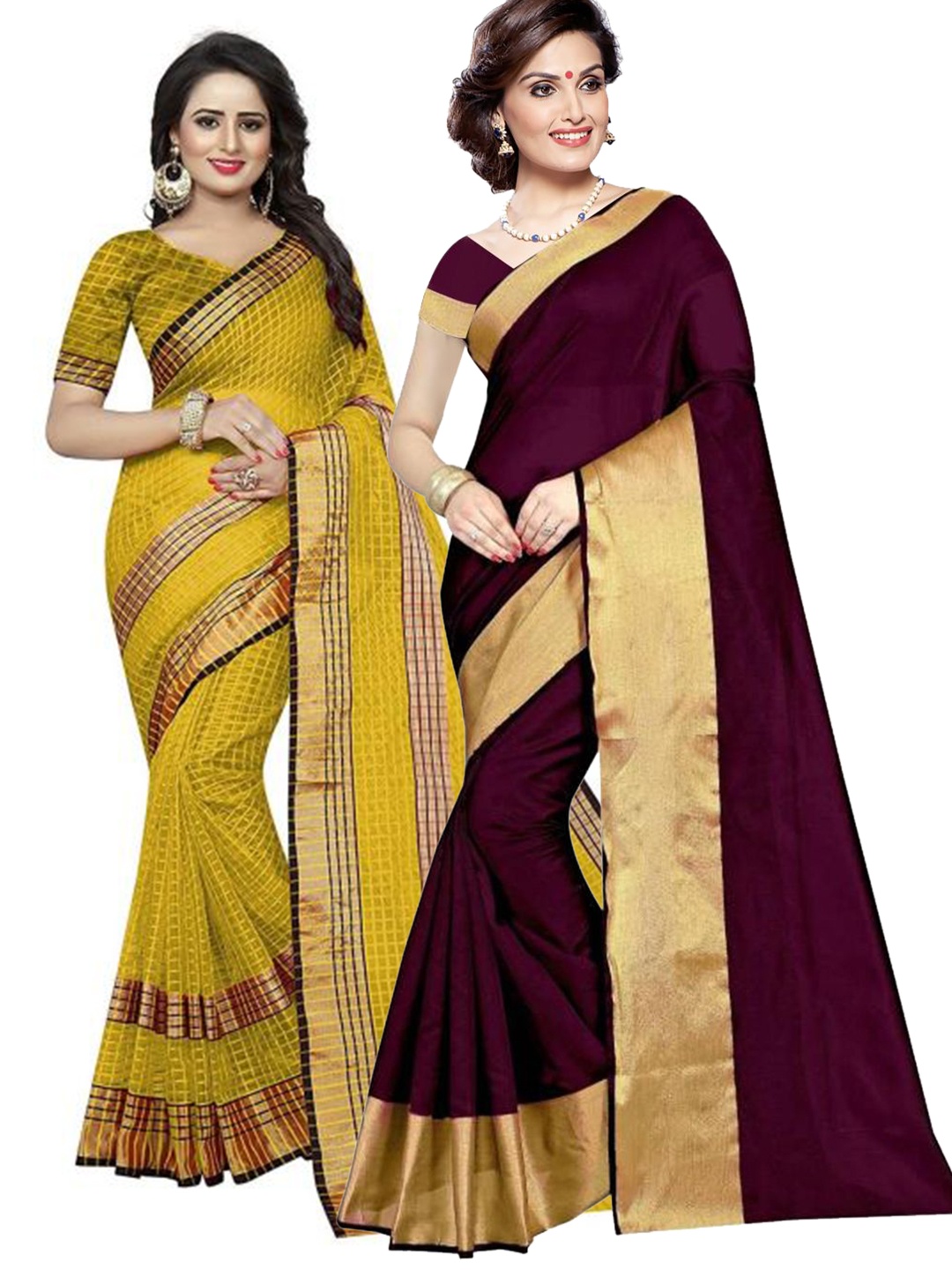 

SAADHVI Pack of 2 Burgundy & Yellow Striped Silk Cotton Saree