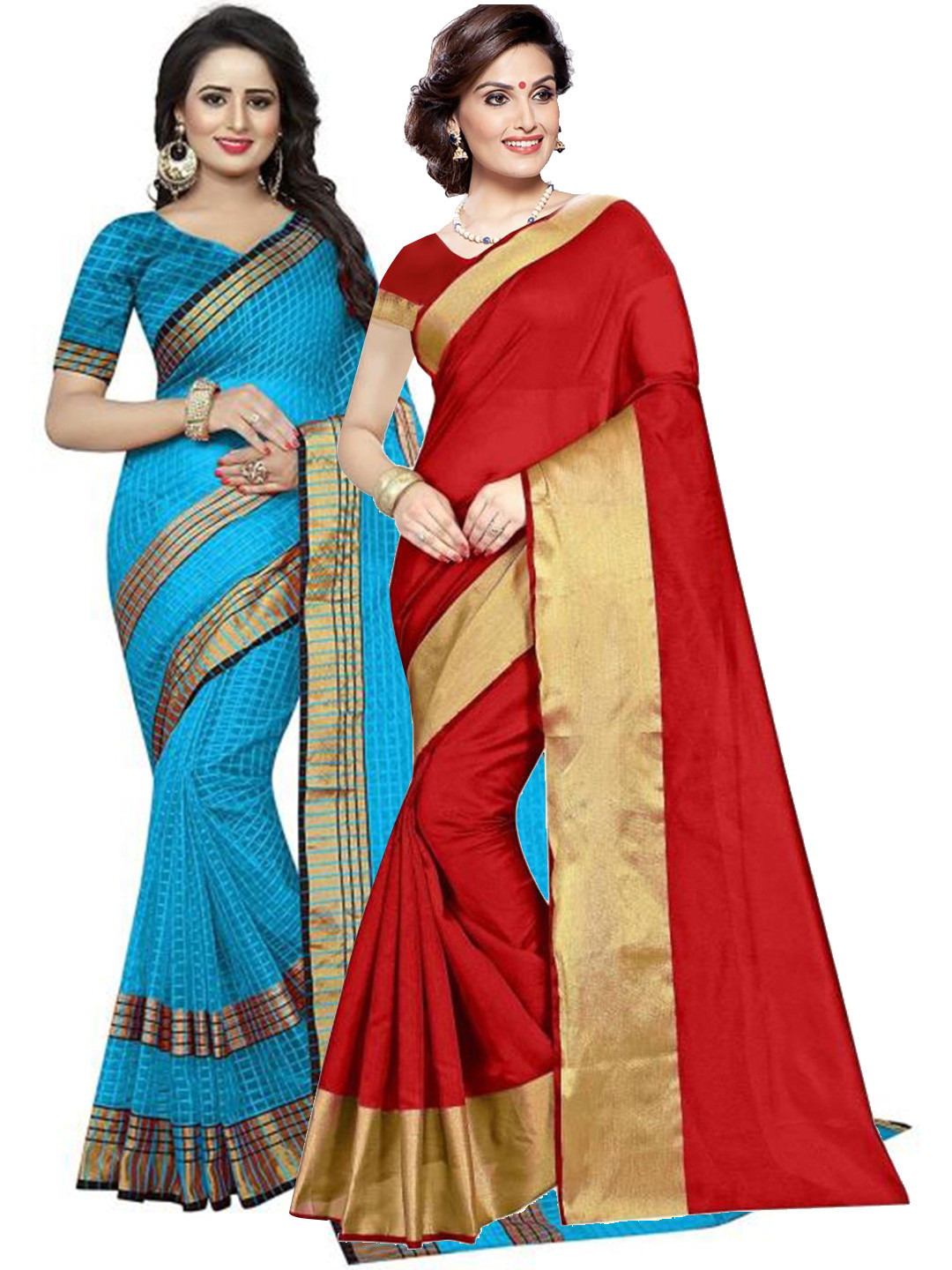 

SAADHVI Pack of 2 Red & Blue Checked Zari Silk Cotton Sarees