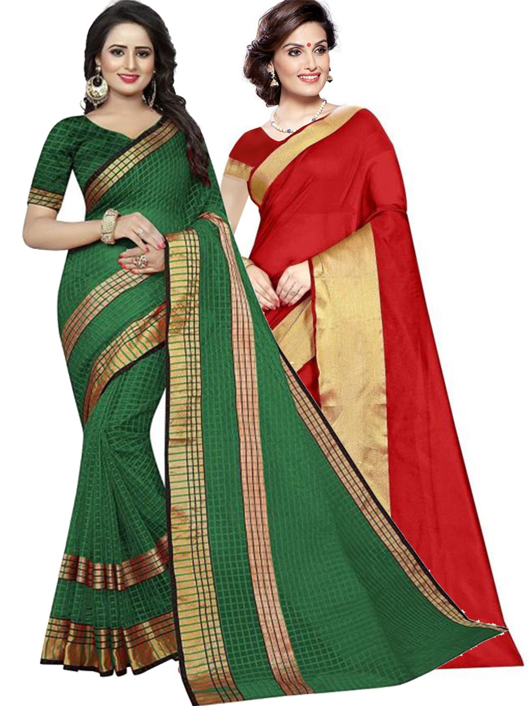 

SAADHVI Pack Of 2 Red & Green Checked Zari Silk Cotton Saree