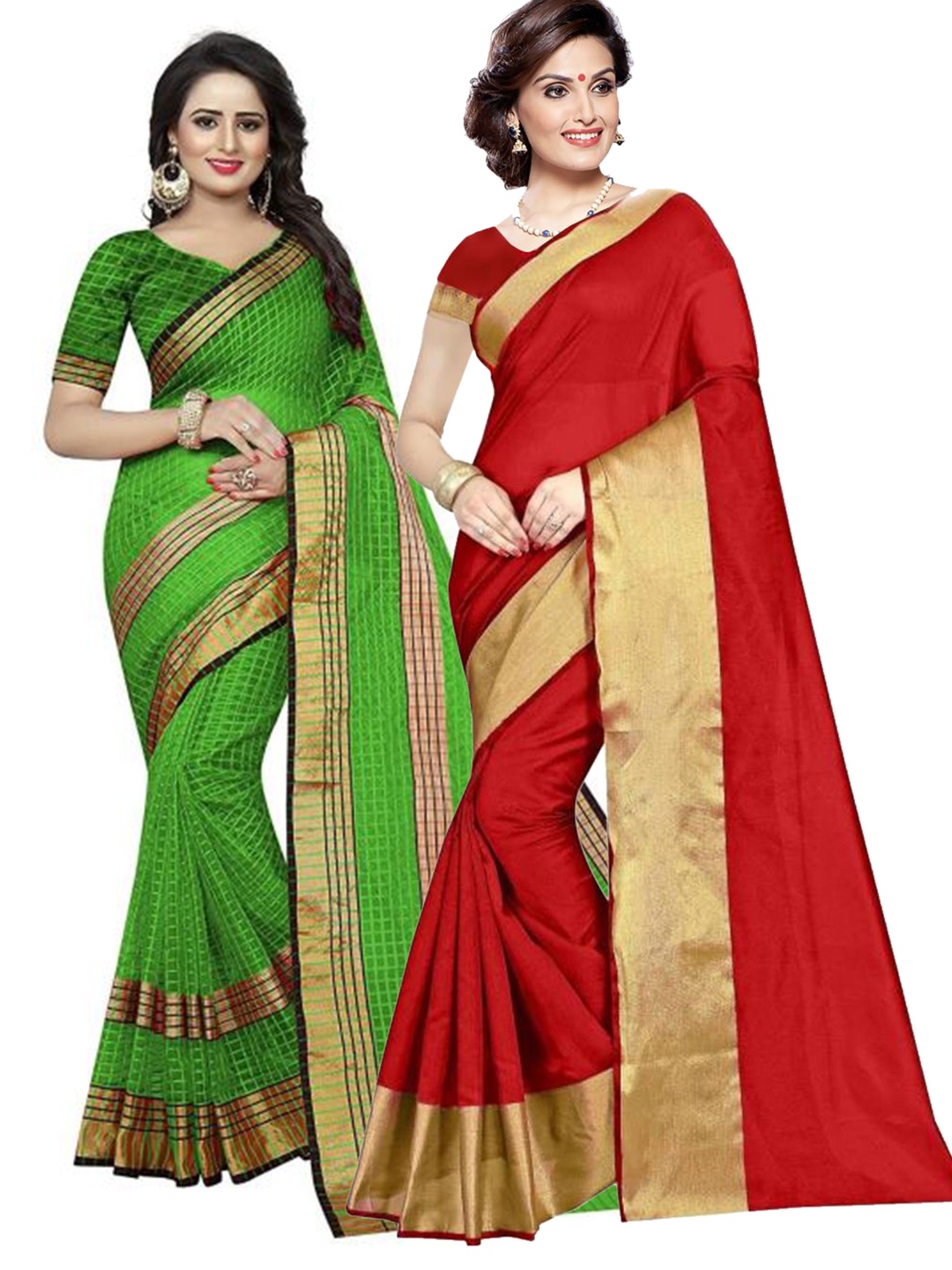 

SAADHVI Pack of 2 Red & Green Zari Silk Cotton Sarees