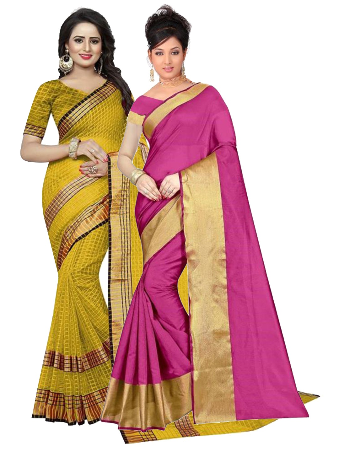 

SAADHVI Pack of 2 Pink & Yellow Checked Silk Cotton Saree