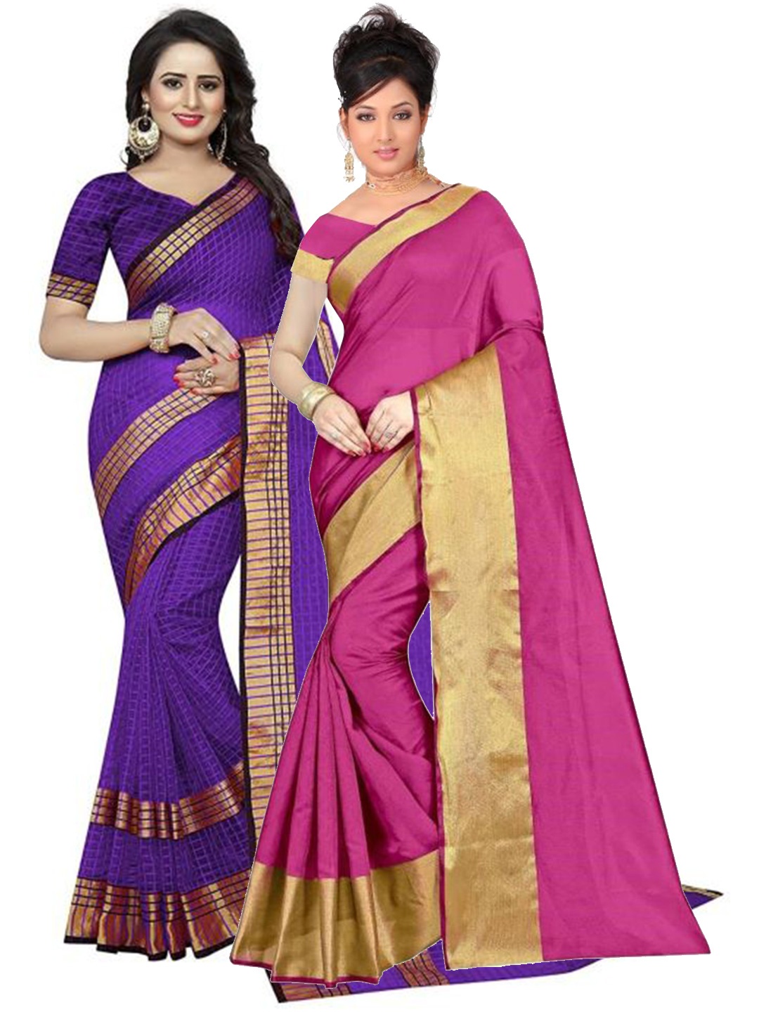 

SAADHVI Set Of 2 Pink & Violet Zari Silk Cotton Saree