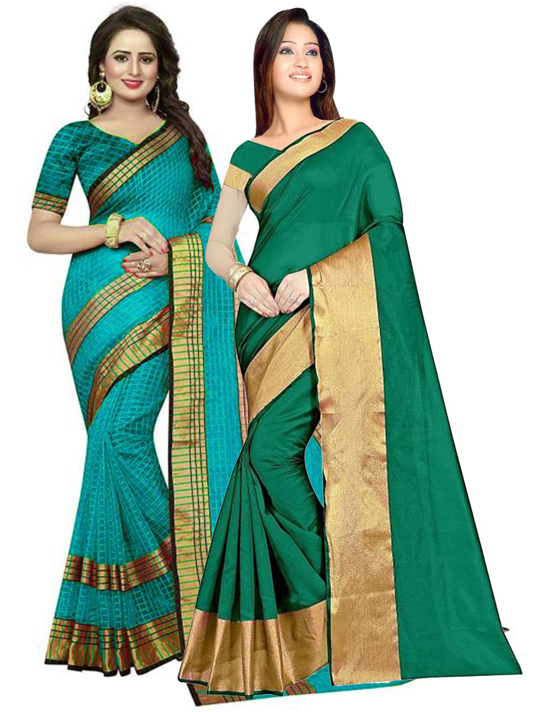 

SAADHVI Green & Teal Set Of 2 Checked Zari Silk Cotton Saree