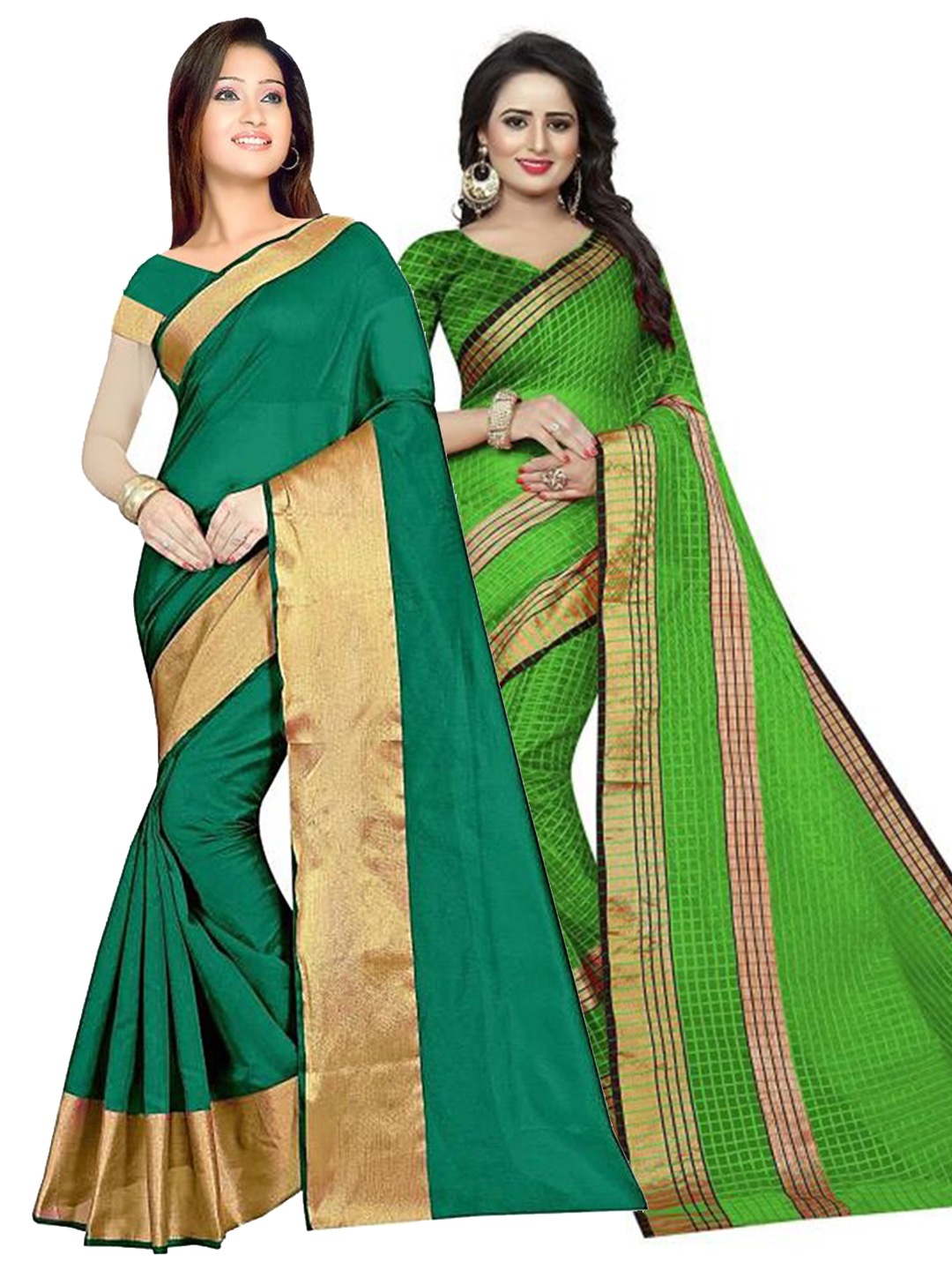 

SAADHVI Green & Gold-Toned Set of 2 Checked Silk Cotton Saree