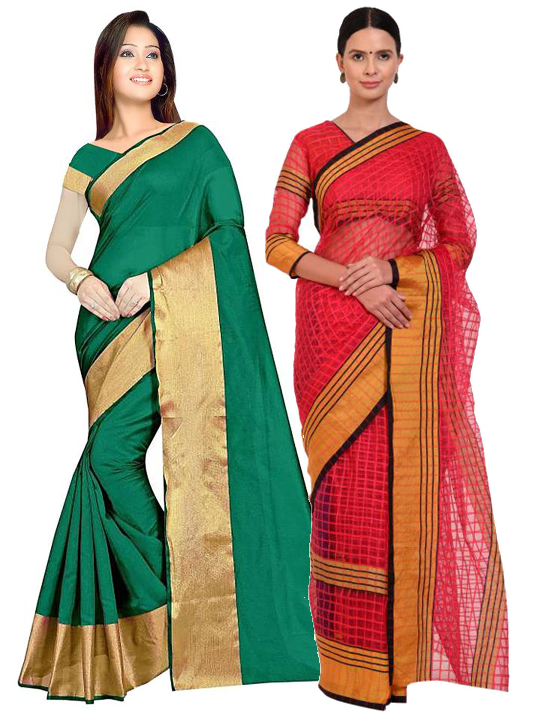 

SAADHVI Green & Pink Checked Silk Cotton Saree Pack Of 2