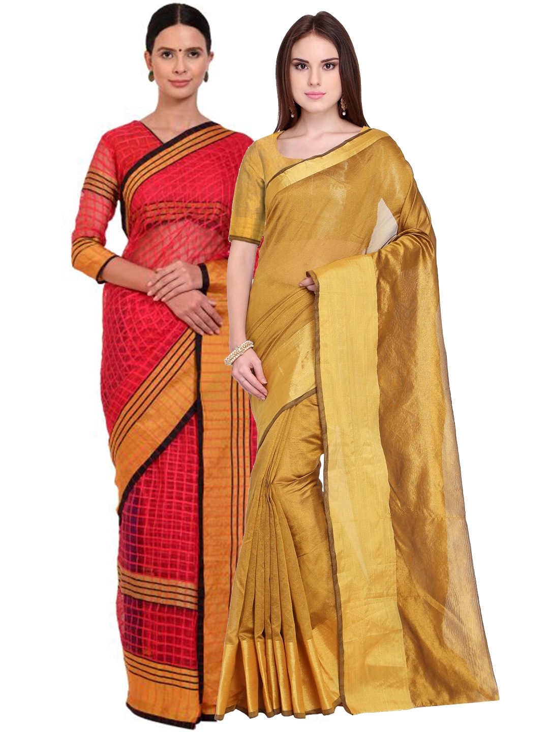 

SAADHVI Pack Of 2 Gold-Toned & Pink Checked Silk Cotton Saree