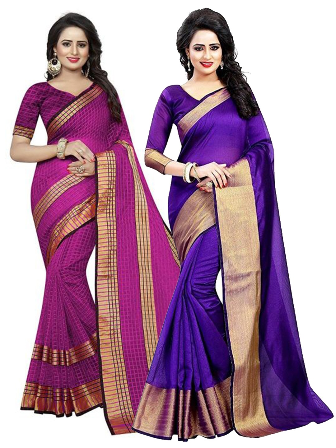 

SAADHVI Pack of 2 Purple & Magenta Zari Silk Cotton Sarees