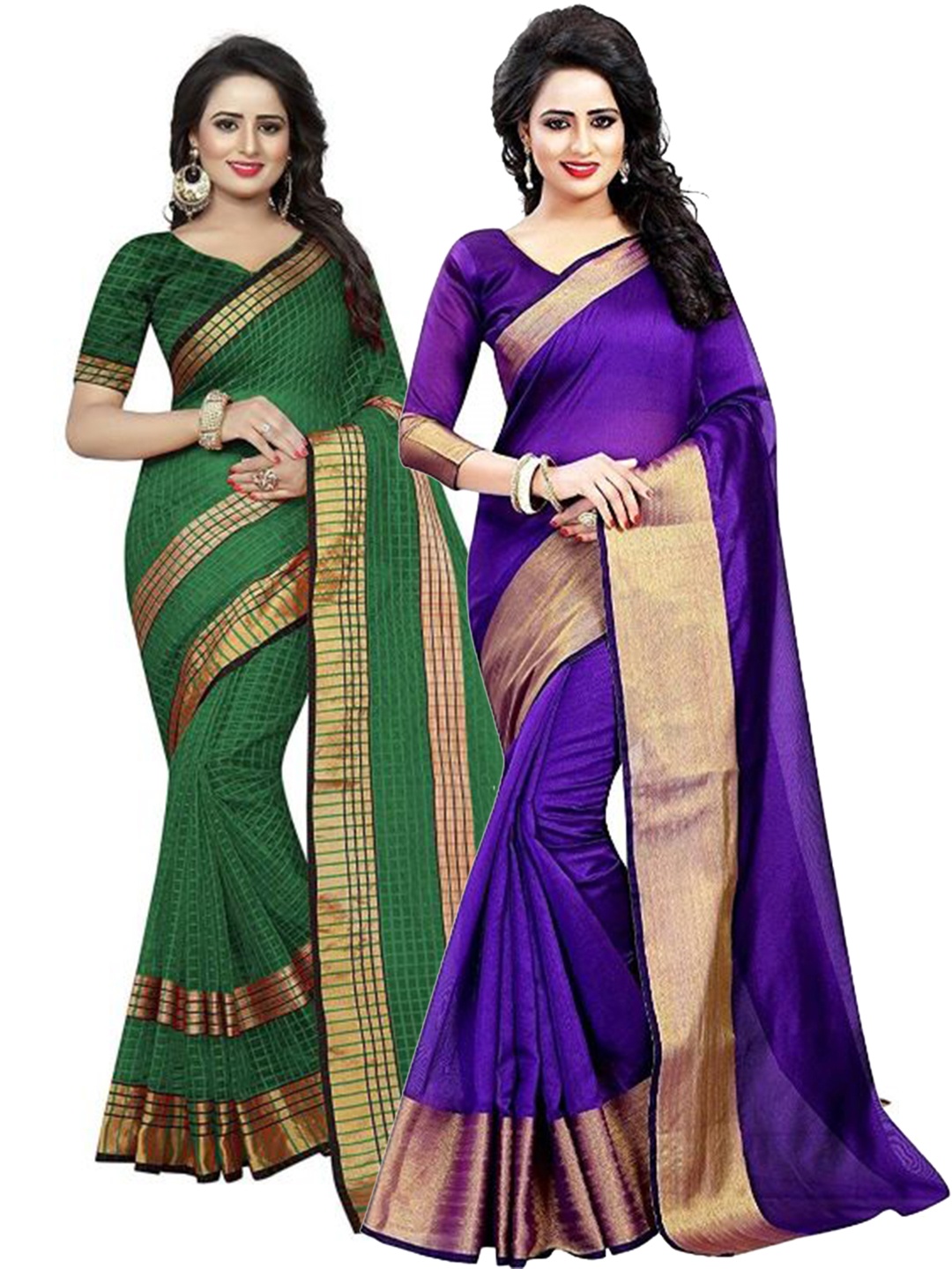 

SAADHVI Pack of 2 Purple & Green Zari Silk Cotton Sarees