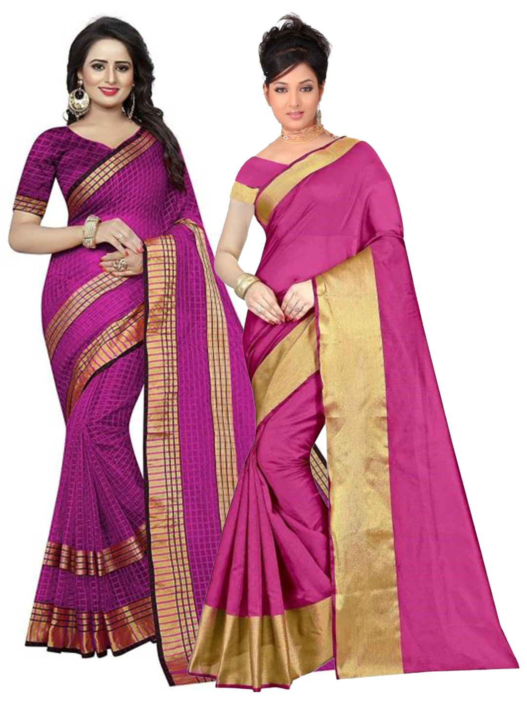 

SAADHVI Pink & Gold-Toned Set Of 2 Checked Zari Silk Cotton Saree