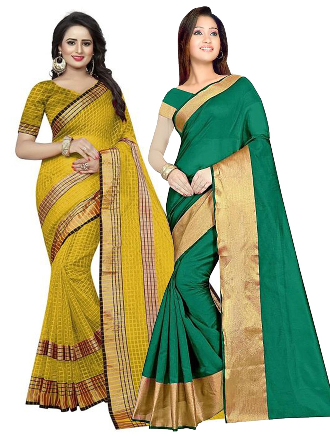 

SAADHVI pack of 2 Green & Yellow Silk Cotton Saree