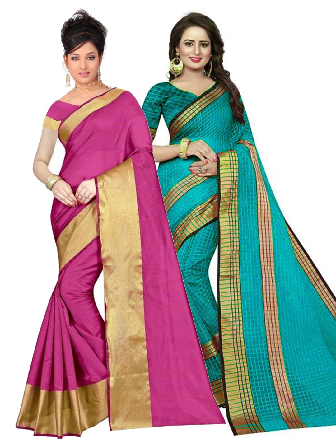 

SAADHVI Pack Of 2 Pink & Teal Blue Silk Cotton Saree