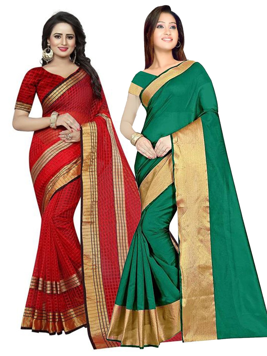 

SAADHVI Pack of 2 Green & Red Zari Silk Cotton Saree