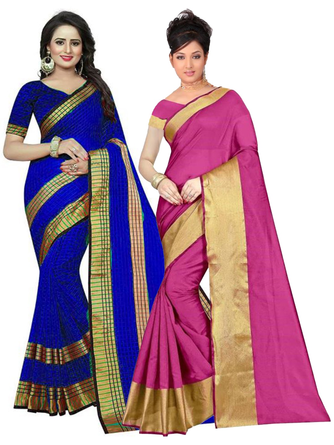 

SAADHVI Pack of 2 Pink & Blue Silk Cotton Saree